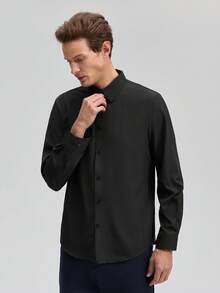 Officeau 男士正式纯色长袖单排扣衬衫，黑色衬衫，春夏款衬衫 - 黑色 - 查看 5