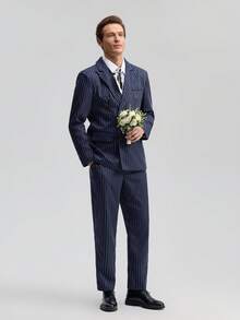 Officeau 男士两件套西装，条纹双排扣西装外套和西裤，正式商务、婚礼、派对、宴会等场合，春夏皆宜 - 藏蓝色 - 查看 5