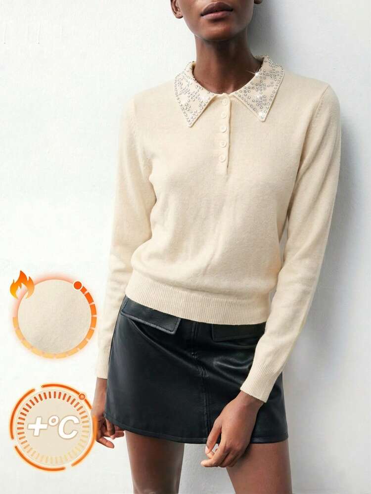 SHEIN Maija Women's Lapel Button Half Placket Rhinestone Decor Fashion Versatile Commuting Long Sleeve Sweater Basic Top, Suitable For Urban Commute, Business Casual, Party, Valentine's Day, Summer Peter Pan Collar Knit Tops