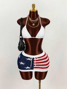 Amplova Star & Stripe Pattern Knitted Mini Skirt, Low Waist - Multicolor - View 5