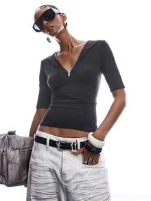 LYSMO 女士时尚拉链常规套头连帽衫 - 黑色 - 查看 3