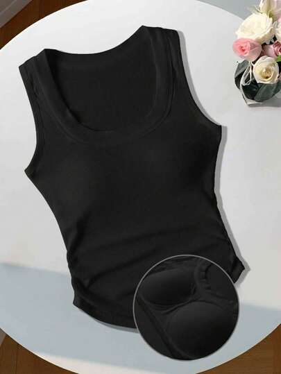 Comfortcana Padded Bra-Free Fitted Solid Color Casual Tank Top For Women, Built-In Bra