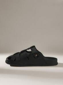 Solecia 2025夏季新款复古圆头镂空透气平底舒适凉鞋 - 純黑色 - 查看 3