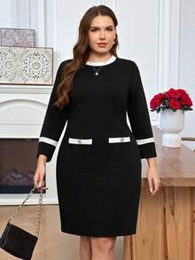 EMERY ROSE 大码女士优雅通勤休闲圆领七分袖撞色口袋黑色修身连衣裙，早春 - 黑與白 - 查看 7