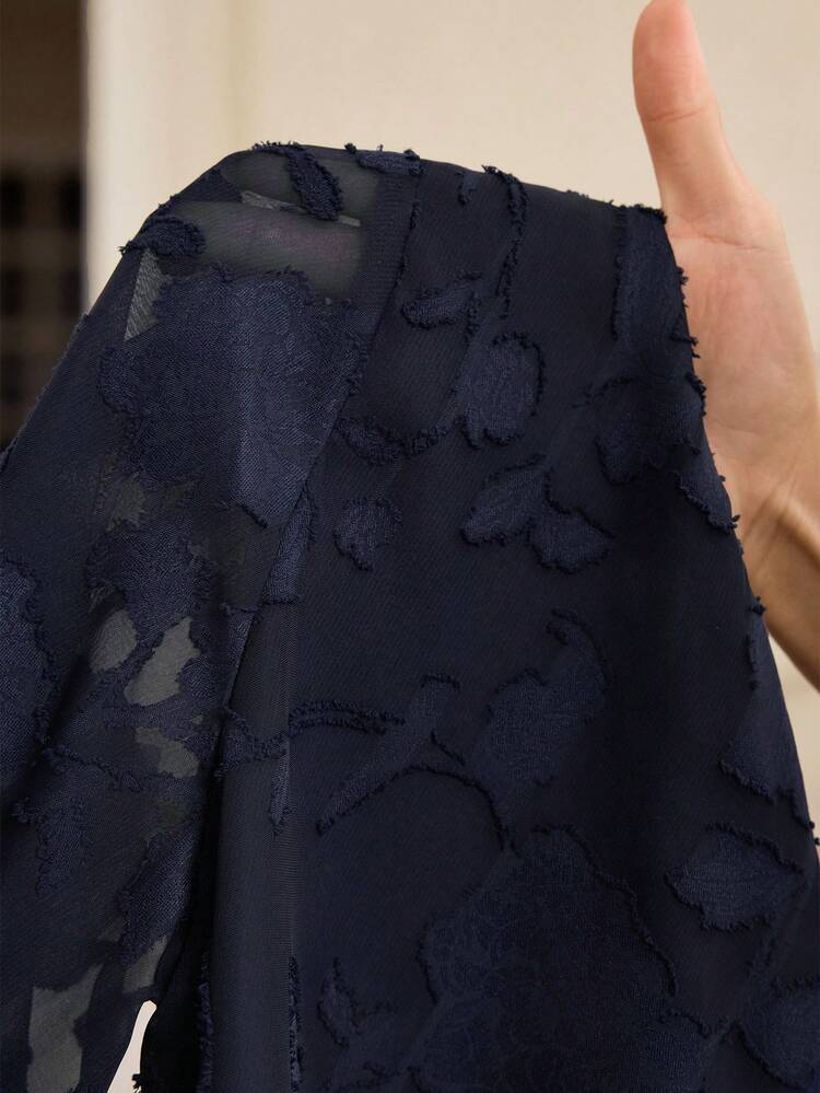 Luxury Elegant Navy Blue Floral Jacquard Two-Piece Set For Women Summer Spring Formal Outfit With 3/4 Sleeve Top And Chiffon Wide Leg Pants, Perfect For Wedding Guest Party Prom And Formal Occasions