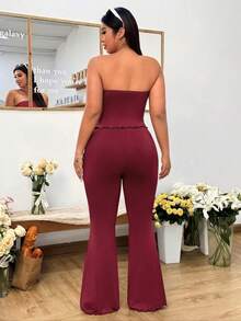 SHEIN EZwear Set de top corto y jeans acampanados talla grande en color vino tinto, para primavera/verano - Burdeos - View 2