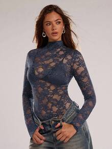 SHEIN BAE Women's Sexy Sheer Floral Lace Stand Collar Long Sleeve Bodysuit - Navy Blue - View 3