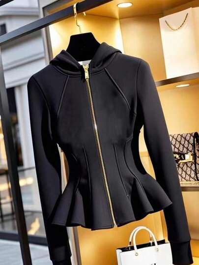 SHEIN PETITE Women's Casual Drawstring Hooded Zip-Up Sweatshirt, Autumn