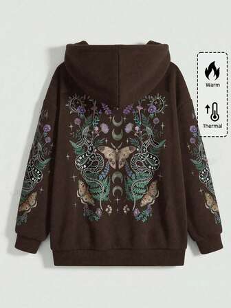 Goth Giacca con cappuccio nera con chiusura lampo, stile gotico Y2K, con motivi di convolvolo, farfalla, serpente arrotolato e albero di spine, per taglie forti, adatta per l'autunno/inverno, giacca con cappuccio nera per donne taglie forti, giacca con cappuccio casual per donne in occasione del Natale e delle vacanze