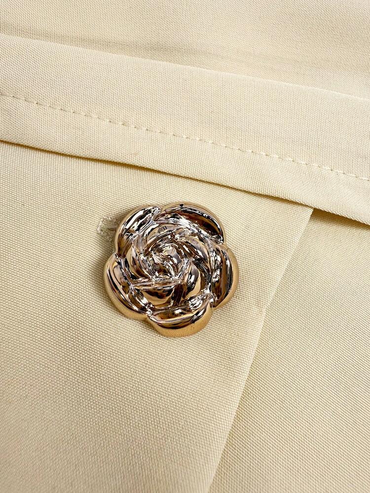 GlowEve Spring New Yellow Elegant Commuter Elegant Women's Gold Button Decor Blazer +Waist Flared Pants With Decorative Button Design Pleated Women 2 Pieces Set,Elegant Everyday Commute Versatile Minimalist Fashion Yellow Set Fall Cloth For Women - Yellow - View 5