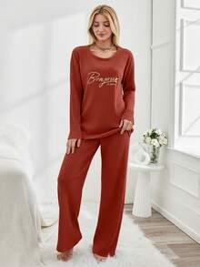 EURMUSE Women's Letter Print Drop Shoulder Long Sleeve Top And Pants Pajama Set - Red - View 3