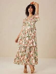 Felipe Marques Women's Floral Print Fit & Flare Dress, Casual For Vacation, Party, Autumn/Winter - Apricot - View 3