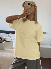 Livesso Solid Color Round Neck Loose Long Short Sleeve T-Shirt For Women - Yellow - View 3