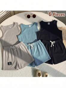 Loomiva Set de 6 piezas de chaleco y pantalones cortos de punto casual y lindo para bebé niño, paquete básico, para verano - Multicolor - Ver 1