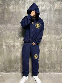 Manfinity Dauomo Set Sweatshirt Berkerudung Kasual Pria Ukuran Besar - Navy Blue - View 3