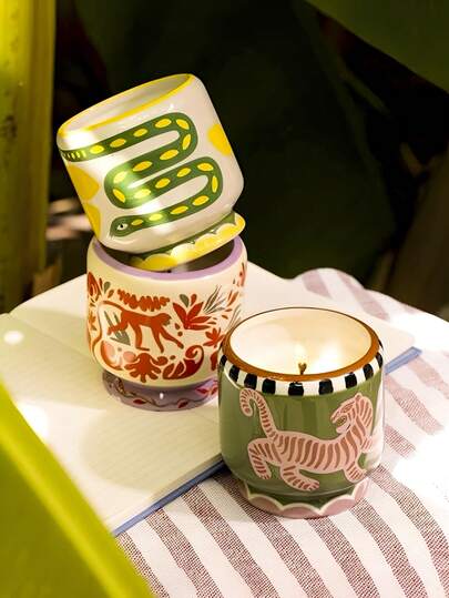 Joivida Bohemian Ceramic Candle Holder Cup, Empty Cup, No Candles,3.54in Hand-Painted Animal/Tropical Pattern Candle Jar For Scented Candles - Decorative Table Centerpiece For Living Room, Bedroom, Coffee Table & Boho Home Decor,Festival Gifts, Gifts For Family And Friends