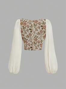 Skyraze Blus Wanita Motif Jacquard Patchwork Vintage Warna Polos, Kemeja 2 in 1 - Aprikot - View 3