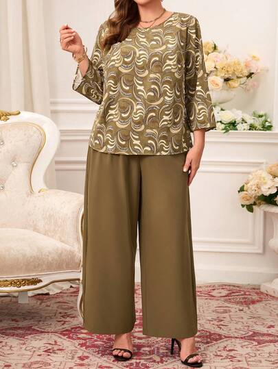 EMERY ROSE Plus Size Women Allover Print Crew Neck Long Sleeve Top And Wide Leg Pants Casual Outfit For Summer/ Vacation Brown Set Women Summer Outfit For Women Beach Outfit Holiday Outfits Modest Two Piece Set Blouse And Pants Set Summer Outfits
