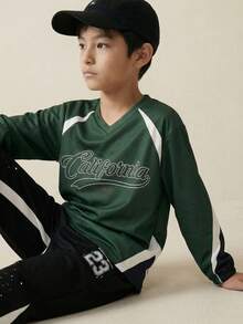 Casuvi Kids Tween Boy Color Block Letter Print Casual Loose Fit Long Sleeve T-Shirt - Green - View 5