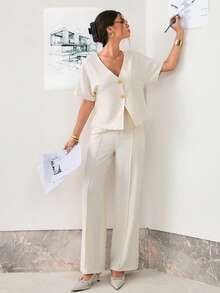 2pcs/Set V-Neck Short Sleeve Cardigan And Wide Leg Pants, Casual Pant Suit Summer Sets White Pants Suit - Apricot - View 7