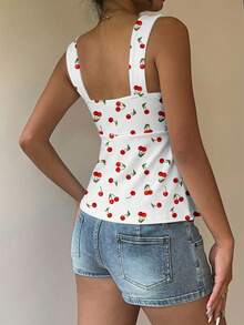 MainGRL Women's Casual Vacation Blouse, Babydoll Top With Chest Ruching, Women's Summer , Women's Vacation Wear, Allover Cherry Print Spring Beach - Multicolor - View 2