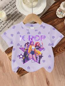 Young Girl Letter & Kpop Graphic Round Neck Short Sleeve Casual T-Shirt