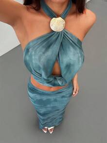 SHEIN PETITE 女士露背镂空宽松装饰纽扣两件套，夏季时尚 - 水鴨藍 - 查看 1