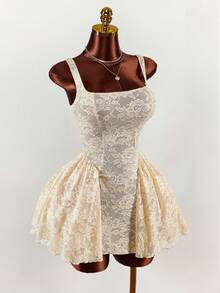 Amplova 新年及情人节派对/约会蕾丝透视低胸A字公主迷你连衣裙 - 杏色 - 查看 2