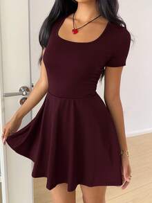 SHEIN EZwear 女士酒红色方领针织迷你连衣裙 - 酒紅色 - 查看 6