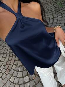 MainGRL Solid Color Casual Versatile Backless Satin Halter Neck Blouse For Women - Navy Blue - View 3