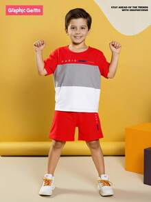 2件套幼儿男童条纹印花撞色圆领短袖T恤和短裤套装，适合4-7岁男童，休闲日常穿着，春夏款 - 彩色 - 查看 5