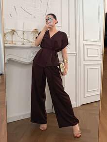 DAZY 春夏宽松商务休闲时尚棕色办公室着装不对称领设计腰带无袖衬衫和直筒休闲裤两件套女装 - 棕色 - 查看 7