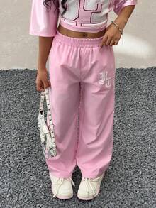 Coolane Kids 少女春夏街头风日常必备单品，撞色弹力腰宽松休闲裤，亮粉色直筒裤，撞色粉色，返校季 - 粉色 - 查看 1