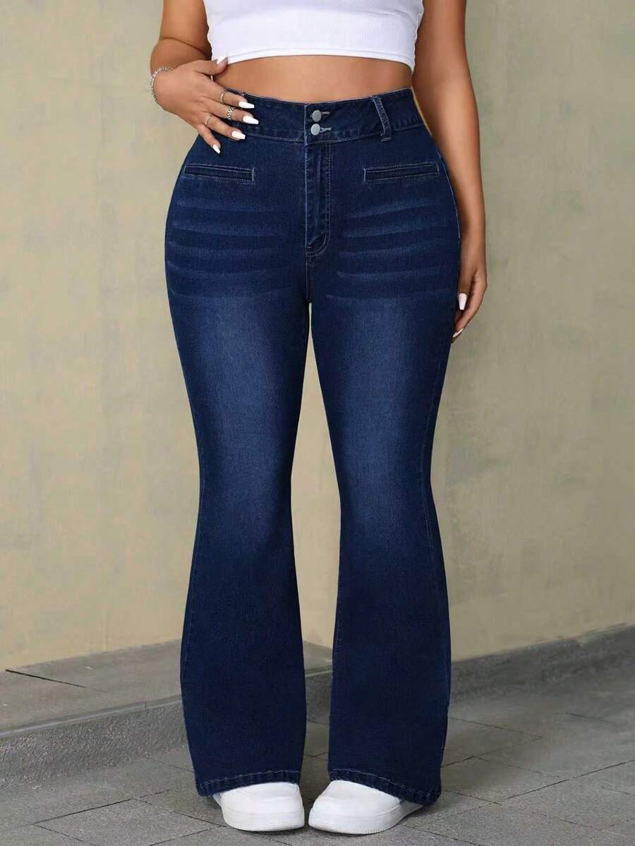 SHEIN ICON 大码休闲水洗修身喇叭牛仔裤 - 深色水洗藍 - 查看 1