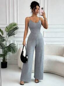 Franclia 女士时尚通勤纯色露背连体裤 - 灰色 - 查看 3