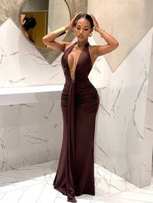 Slaydiva 2025新款优雅深V领美人鱼连衣裙，适合派对、生日、酒吧、夜店、情人节、万圣节、圣诞节等场合 - 棕色