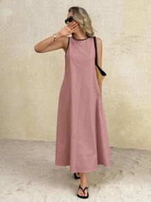 SHEIN Frenchy 女士休闲圆领长连衣裙，适合日常穿着和约会 - 粉色 - 查看 6