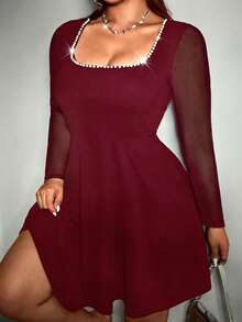 SHEIN EZwear 酒红色加大码女式仿珍珠装饰方领网纱长袖优雅连衣裙 - 酒紅色 - 查看 4