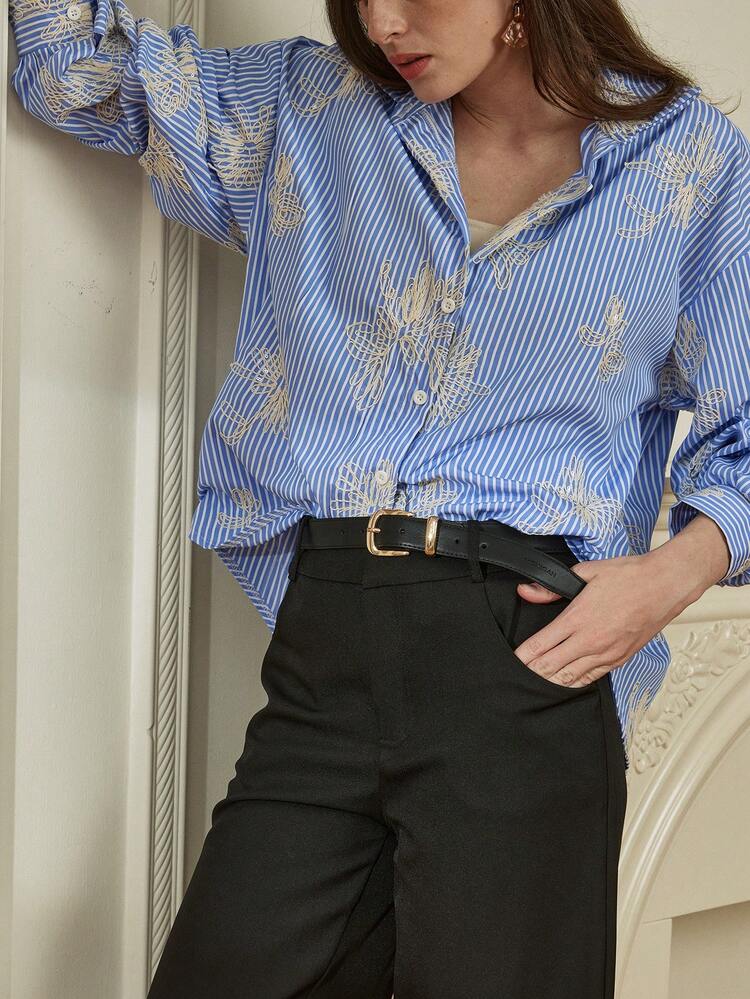 Women's Striped Collar Single-Breasted Floral Embroidery Pattern Casual Versatile Commuting Business Long Sleeve Shirt