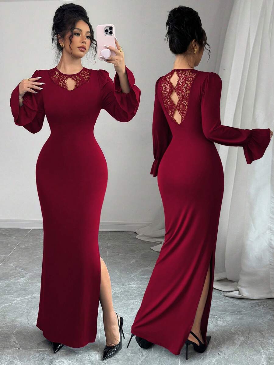 Modelyn Đầm dài tay xếp ly ôm dáng, màu trơn, phối ren, dành cho nữ. - Màu Đỏ Sâu - Xem 1