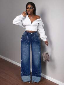 Slaydiva Quần jean denim nữ thời trang thường ngày, đính đá lấp lánh, túi xéo, chất liệu denim mài. - Rửa tối - Xem 6