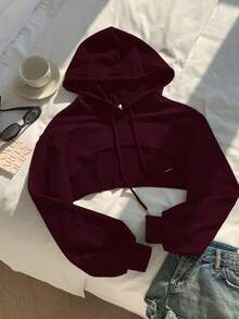 SHEIN EZwear 抽绳细节超短款卫衣 - 黑白配色，秋冬季长袖上衣 - 酒紅色 - 查看 3