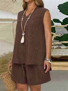 EMERY ROSE 2PC Plus Size Women's Summer Boho Vacation Chocolate Brown Solid V-Neck Sleeveless Shirt And Shorts Set,Casual Spring Break Outfits,2026 - Brown - View 4