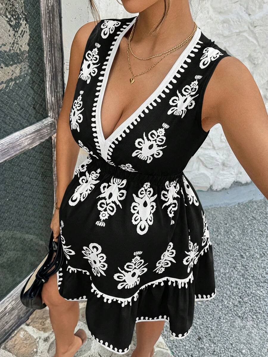 SHEIN Maternity Summer Vacation All-Over Print V-Neck Sleeveless Dress - Black and White - View 1