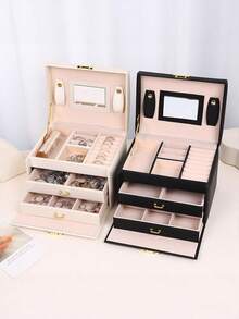 三层大容量首饰收纳盒，带可锁镜面盖和可拆卸绒面衬里托盘，便携式旅行首饰整理盒，多隔层戒指槽、耳环隔层、手镯挂钩和手表垫，PU皮革礼盒，磁扣和提手，可堆叠放置于桌面和梳妆台抽屉，浴室台面收纳盒，精美展示包装收纳盒，生日礼物佳品。 - 彩色 - 查看 2
