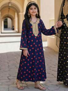 SHEIN 少女金色緞帶拼接碎花休閒日常穿著中東傳統長袍 - 藍色 - 查看 7
