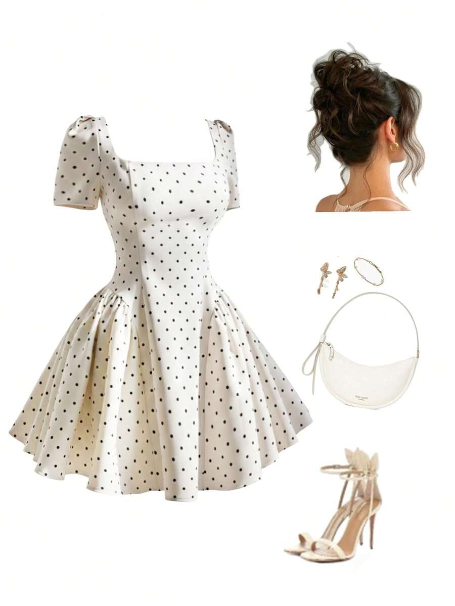 Cévolie 法式方领波点收腰A字迷你裙 - 米色 - 查看 1