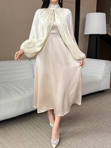 DAZY Women's Elegant Sleeveless Patchwork Dress With Mandarin Collar & Lantern Sleeve Cover Up Set, Autumn/Winter - Beige - View 3