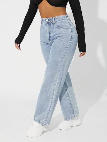 SHEIN ICON Plus Size Women Pocketed Button Casual Versatile Commuting Denim Jeans