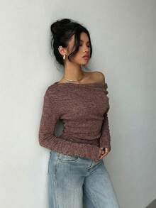 Aloruh T-shirt asymétrique décontracté pour femmes, t-shirt à nœud torsadé de couleur unie pour les déplacements quotidiens et le port à la maison, t-shirt en maille à manches longues - Tabac - Voir 6
